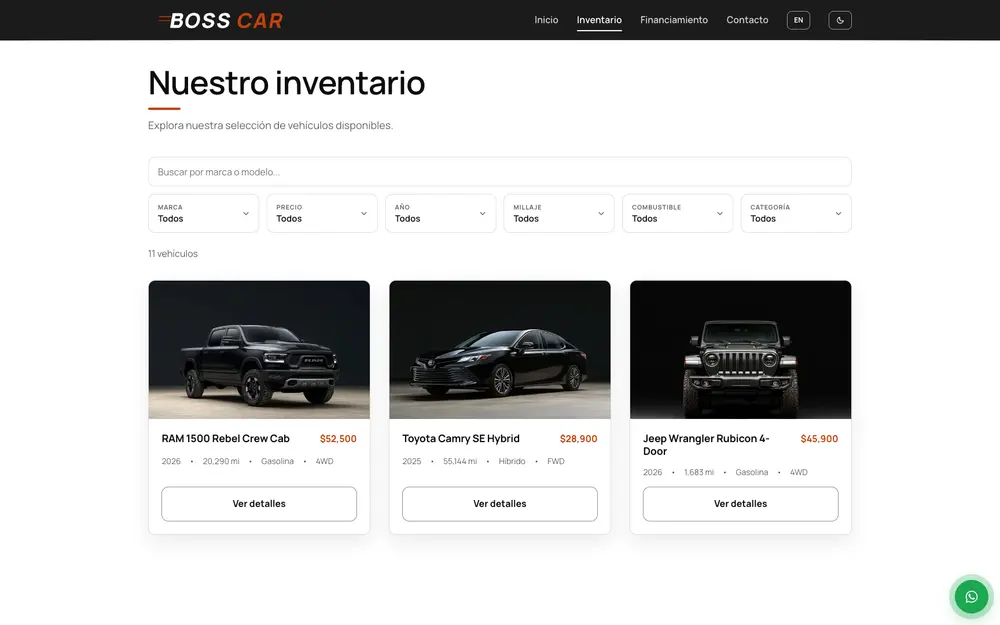 Inventario de Boss Car con filtros por marca, precio, año y millaje